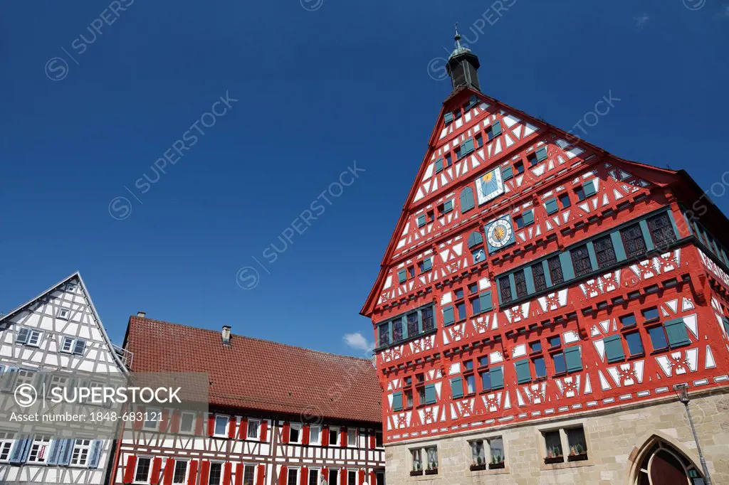 City hall, historic half-timbered building built between 1556 and 1557, with surrounding houses, Marktplatz square, Grossbottwar, Baden-Wuerttemberg, ...