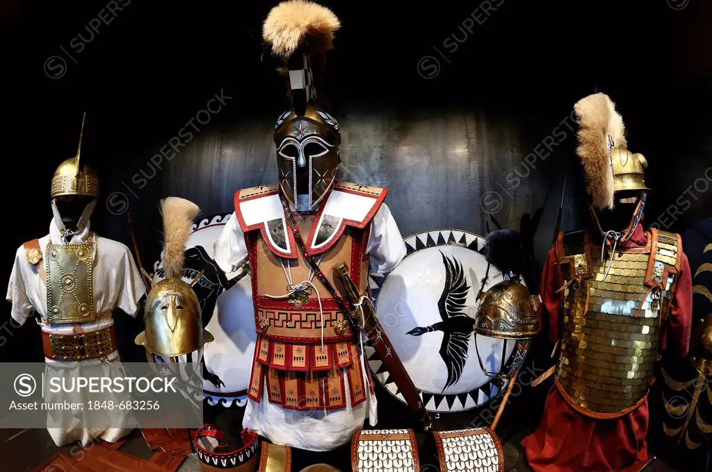 Armours and arms of Roman gladiators, warriors and slaves, special exhibition at the Colosseum, Rome, Latium region, Italy, Europe