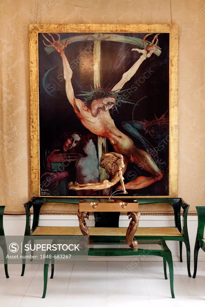 Lounge with a painting of the crucifixion, Ernst Fuchs Museum, former mansion of architect Otto Wagner, Vienna, Austria, Europe