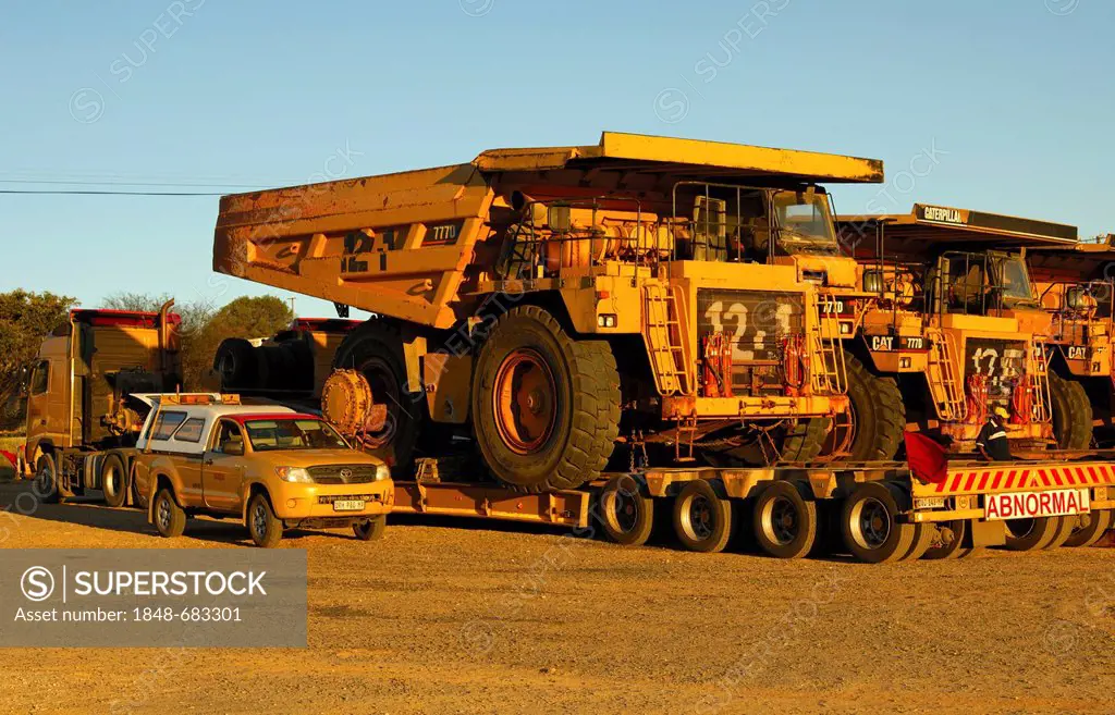 Special transport of Caterpillar 777D Off-Highway trucks for diamond mining, Springbok, Namaqualand, South Africa, Africa