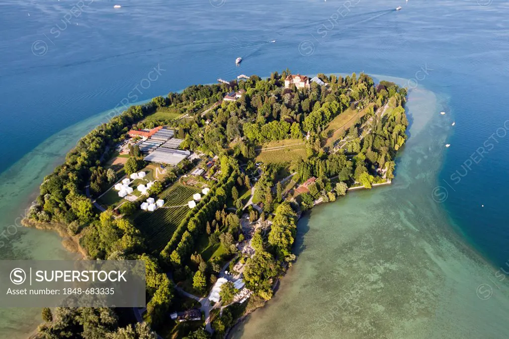 Aerial view, flower island of Mainau in Lake Constance, Konstanz district, Baden-Wuerttemberg, Germany, Europe