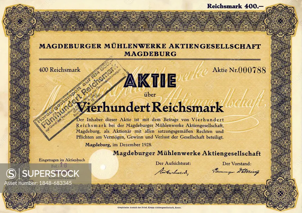 Historic stock certificate, 400 reichsmarks, Magdeburger Muehlenwerke Aktiengesellschaft, Magdeburg, 1928, Germany, Europe