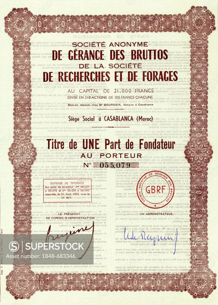 Historic stock certificate, share, 100 French francs, De Gerance des Bruttos de la Societe de Recherches et de Forages, exploring and drilling for nat...