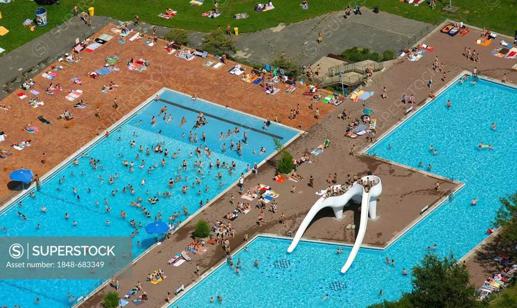 Aerial view, outdoor swimming pool, town pool, Grugabad Essen, Ruhr area, North Rhine-Westphalia, Germany, Europe