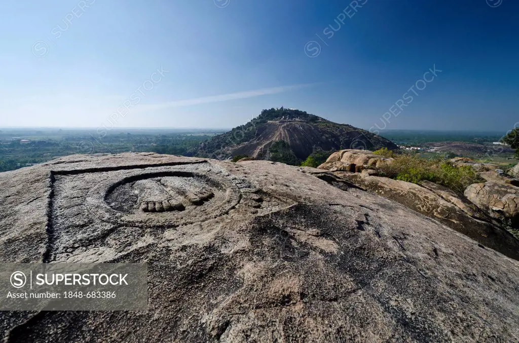 Indragiri hill, a major pilgrimage place for Jains, as seen from Chandragiri hill, Sravanabelagola, Karnataka, India, Asia