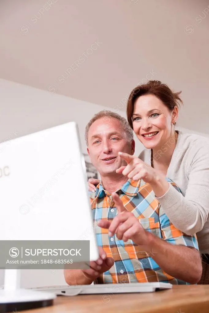 Smiling couple sitting in front of a computer
