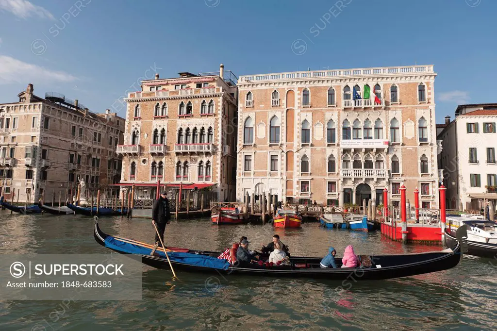 Gondolas in front of the palaces on the Grand Canal, Venice, Veneto, Italy, Southern Europe