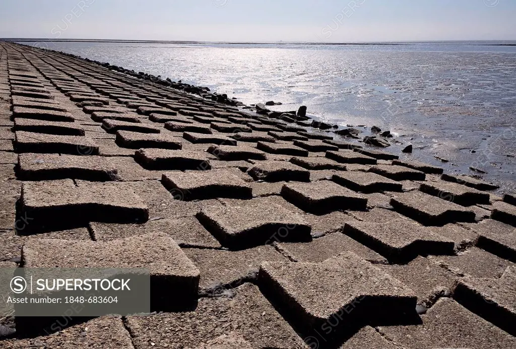 Coastal protection, concrete bank protection of the dike, North Coast, North Friesland, Schleswig-Holstein, Germany, Europe