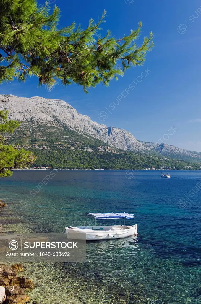 Fishing boat on the beach, Korcula town, Korcula island, Dalmatia, Croatia, Europe
