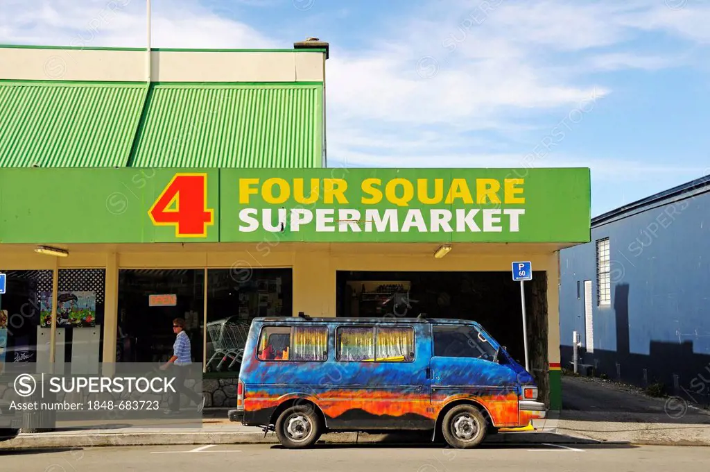 Four Square supermarket and a painted van, town centre of Kaikoura, South Island, New Zealand