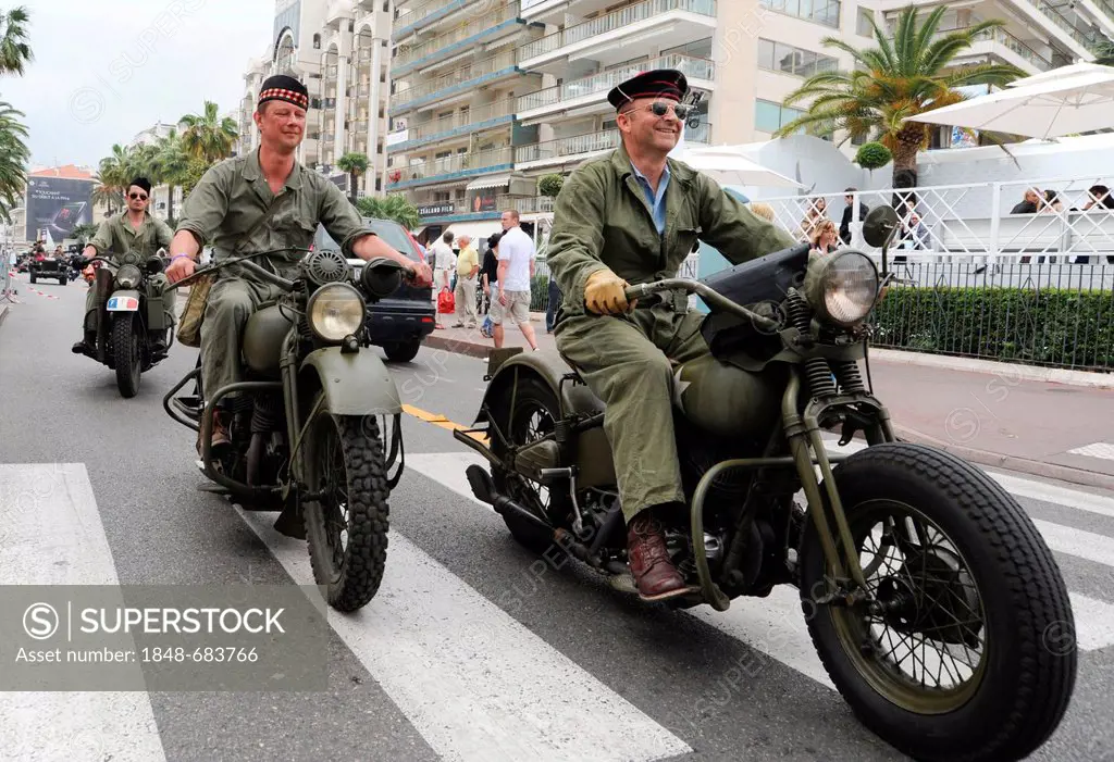 Biker meeting of army fans from France on the Croisette in Cannes, Cote d'Azur, France, Europe