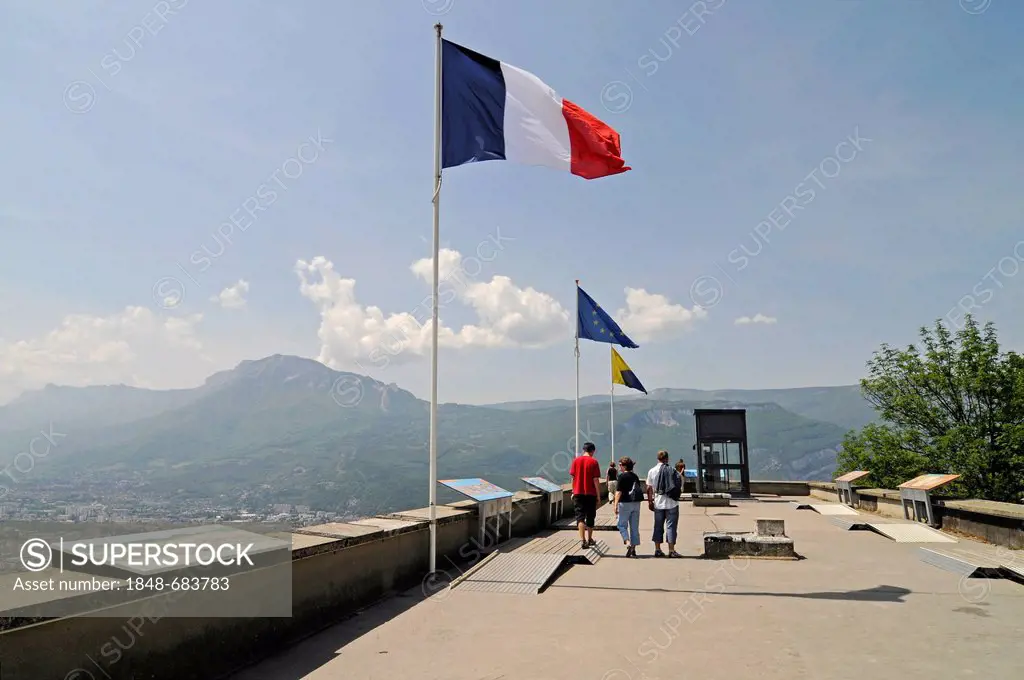 Viewing platform, French flag, view, Fort de la Bastille, Grenoble, Rhone-Alpes, France, Europe