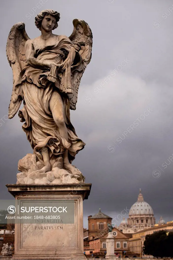 Statue of an Angel with a whip in the Baroque style by Gian Lorenzo Bernini and his pupils on the Ponte Sant'Angelo bridge in Rome, Italy, Europe