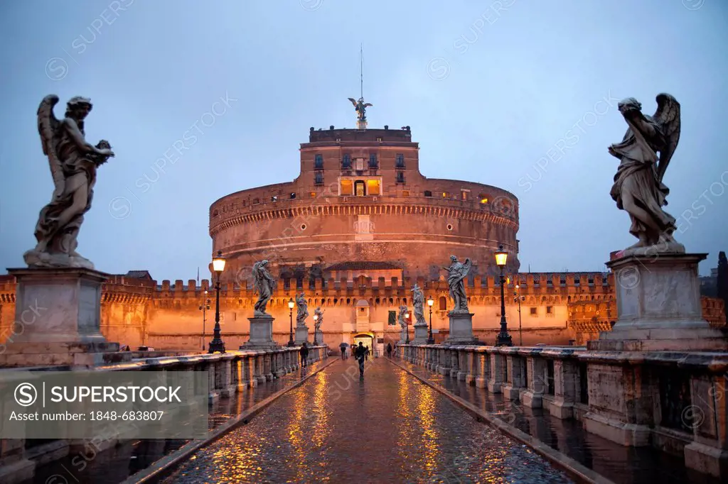 Castel Sant'Angelo and Ponte Sant'Angelo bridge at the blue hour in Rome, Italy, Europe