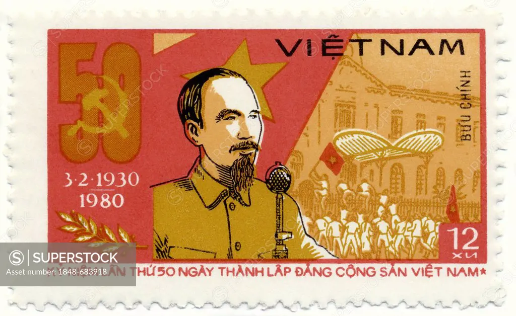 Historic stamp of the 50th Anniversary of the founding of the Communist Party of Indochina, Indochinese Communist Party, by Ho Chi Minh, 1980, Vietnam...