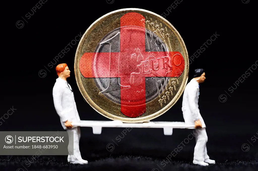 One euro coin as a patient on a stretcher, carried by miniature figures, symbolic image for euro crisis