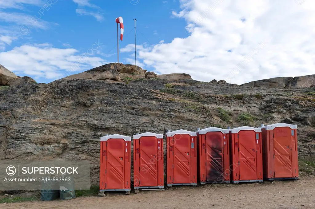Portable toilets, campground, Tasiilaq, also known as Ammassalik, East Greenland, Greenland