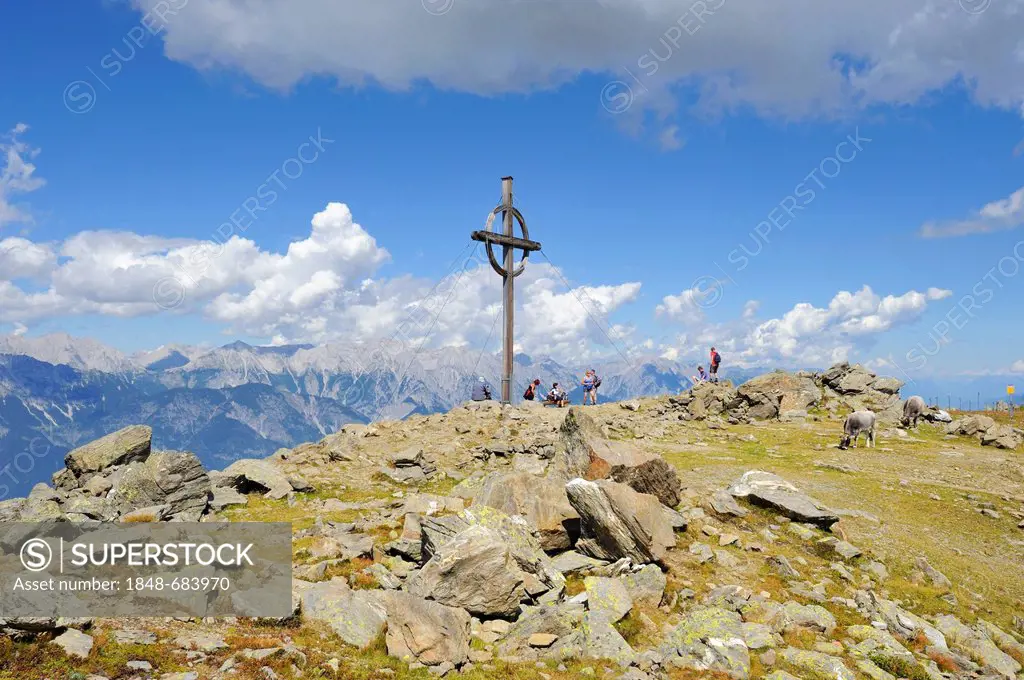Cross on the summit of Patscherkofel mountain, 2248 m, and tourists, Tux Alps, Tyrol, Austria, Europe