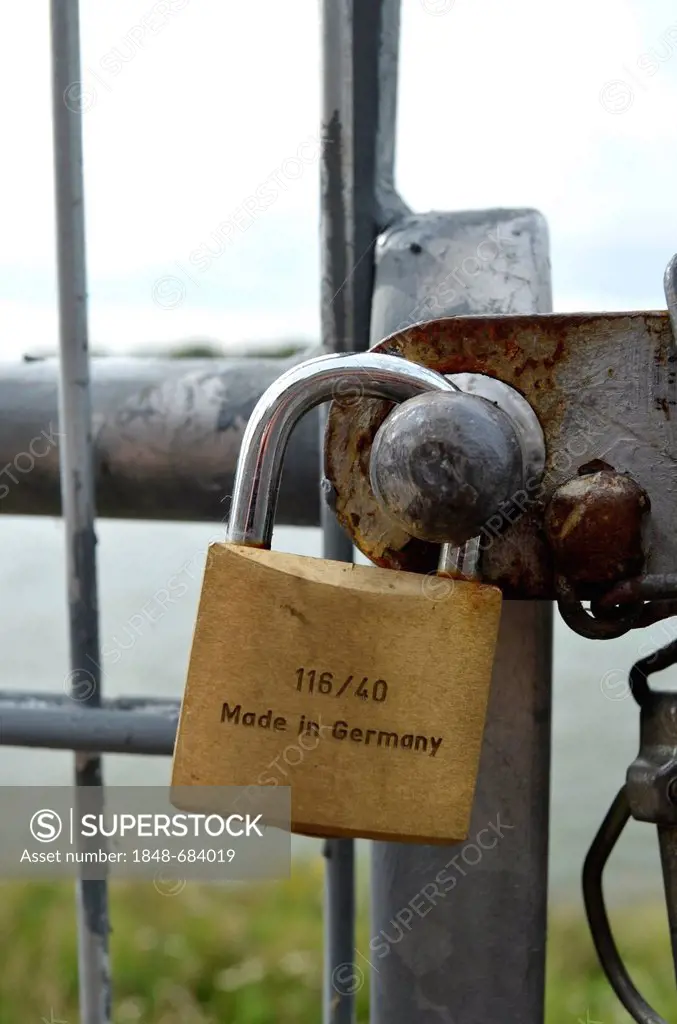 Padlock, Made in Germany, at a barrier fence along the Rhine River promenade, Duesseldorf, North Rhine-Westphalia, Germany, Europe