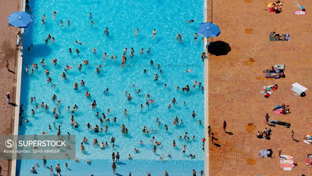 Aerial view, public swimming pool, Grugabad, Essen, Ruhr Area, North Rhine-Westphalia, Germany, Europe