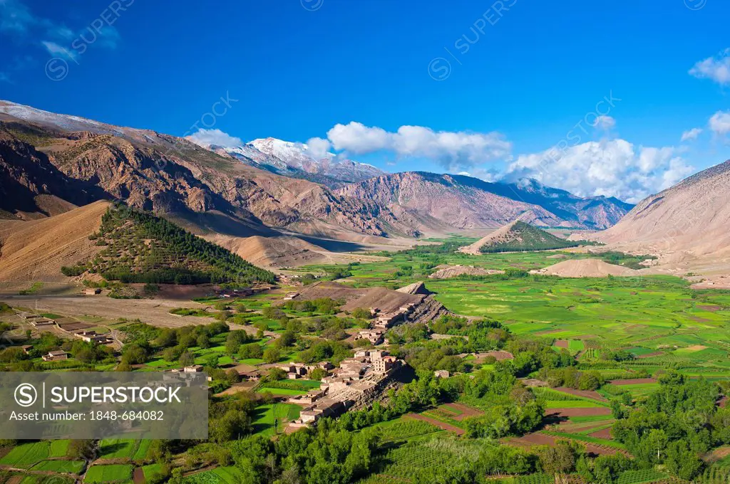 Landscape with cultivated fields and small settlement in Ait Bouguemez Valley, High Atlas Mountains, Morocco, Africa