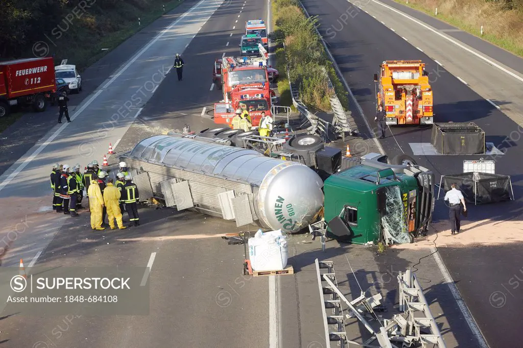 Toppled dangerous goods vehicle, A3 motorway near Dierdorf, Rhineland-Palatinate, Germany, Europe
