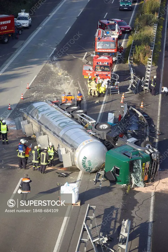 Toppled dangerous goods vehicle, A3 motorway near Dierdorf, Rhineland-Palatinate, Germany, Europe