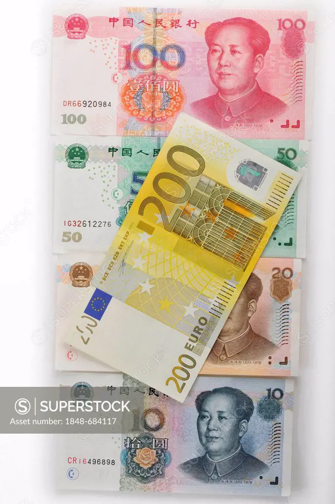 Symbolic image for exchange rates, Chinese yuan, renminbi, currency of the People's Republic of China, in the West Yuán, colloquially Kuai, banknotes,...
