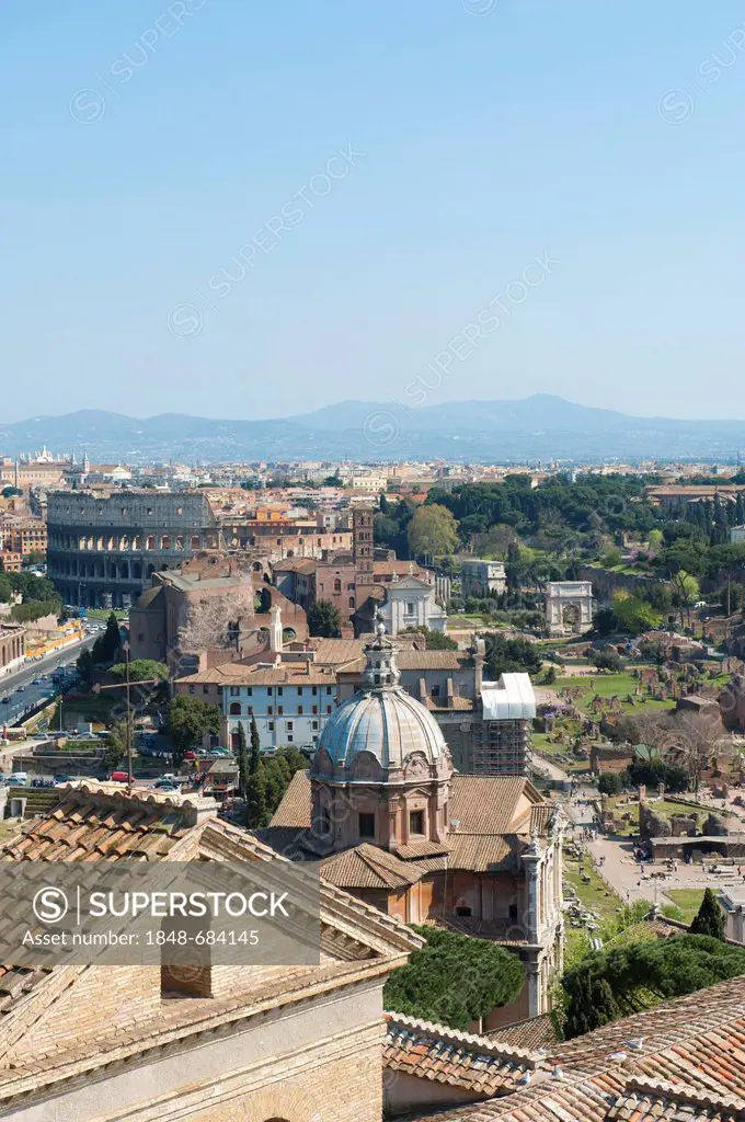 View from the National Monument to Victor Emmanuel II, Altare della Patria, overlooking the Forum Romanum and the Colosseum, ancient Rome, Rome, Lazio...