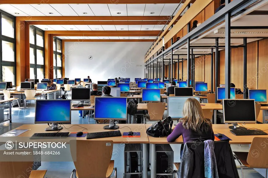 Part of the library with flat screens in the Ludwig-Maximilians-Universitaet university or LMU, Munich, Bavaria, Germany, Europe