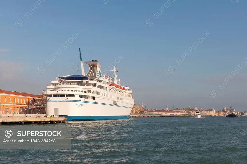 Cruise ship Dolphin has docked in the harbor, Venice, Veneto, Italy, Southern Europe