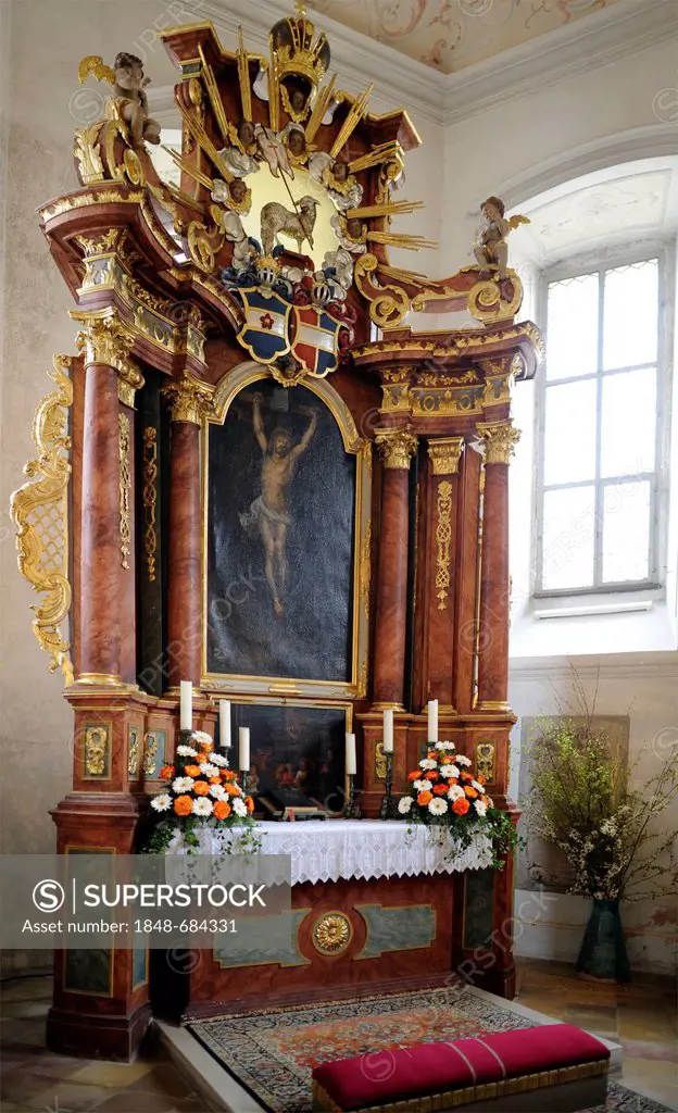 Altar in the choir, castle church of Unteraufsess Castle, Aufsess, Upper Franconia, Franconia, Bavaria, Germany, Europe