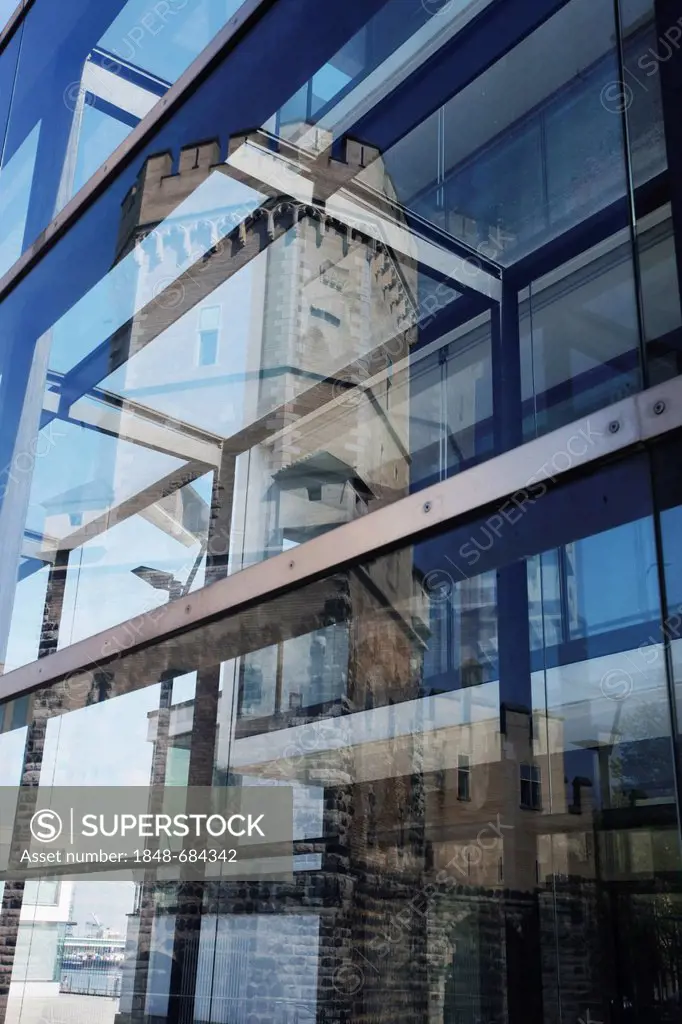 Modern and conventional architecture, reflections of Bayernturm tower, Rheinauhafen harbour, Cologne, North Rhine-Westphalia, Germany, Europe