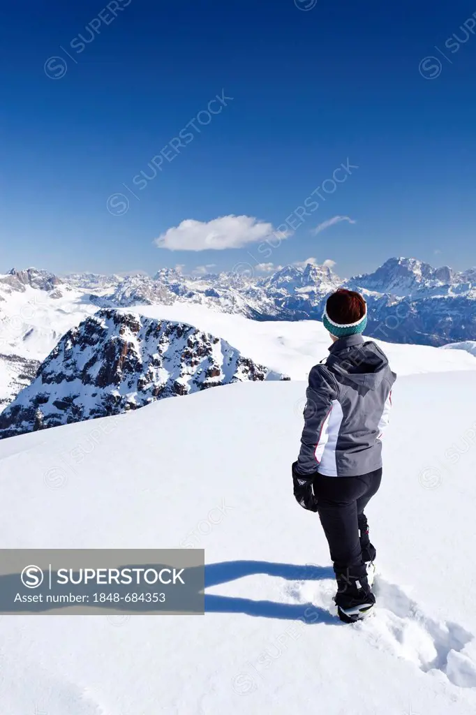 Ski mountaineer on Mt Cima Bocche above Passo Valles, Dolomites, Mt Juribrutto with Mt Civetta and Mt Pelmo at back, Trentino, Italy, Europe