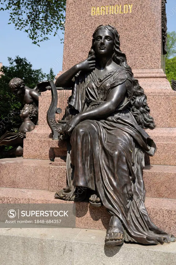 Muse, figure on the monument to Felix Mendelssohn Bartholdy, Leipzig, Saxony, Germany, Europe