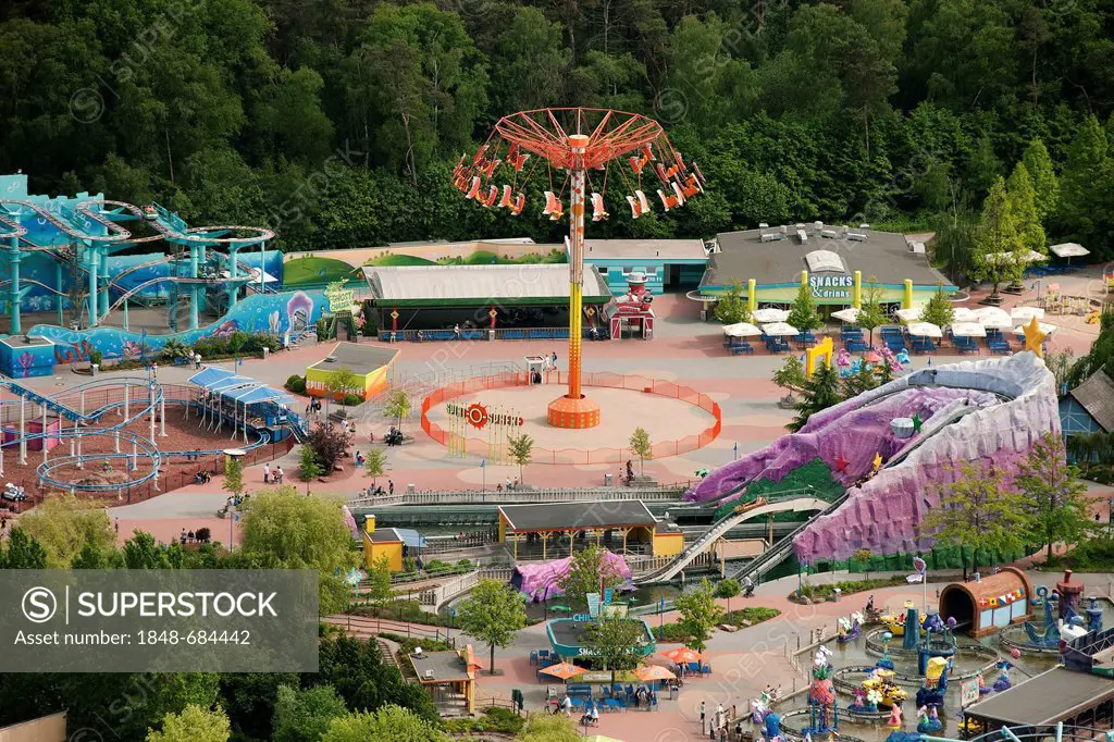 Aerial view, Movie Park Germany theme park, near Bottrop-Kirchhellen, Ruhr area, North Rhine-Westphalia, Germany, Europe