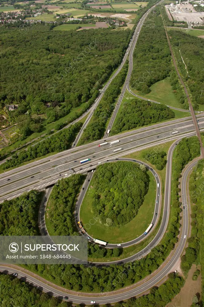 Aerial view, Bottrop motorway junction, A2 motorway and A32 motorway, Friesenspiess motorway, Bottrop, Ruhr area, North Rhine-Westphalia, Germany, Eur...