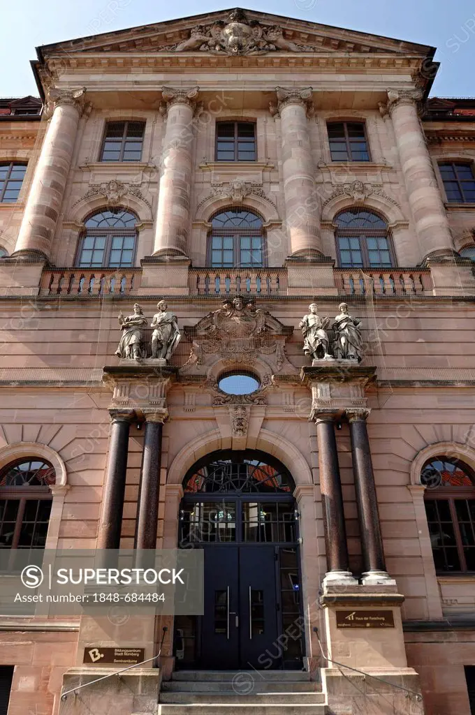 Entrance facade, Gewerbemuseum Museum of Crafts, built in 1897, today Nuernberger Akademie museum, Gewerbemuseumsplatz square, Nuremberg, Middle Franc...