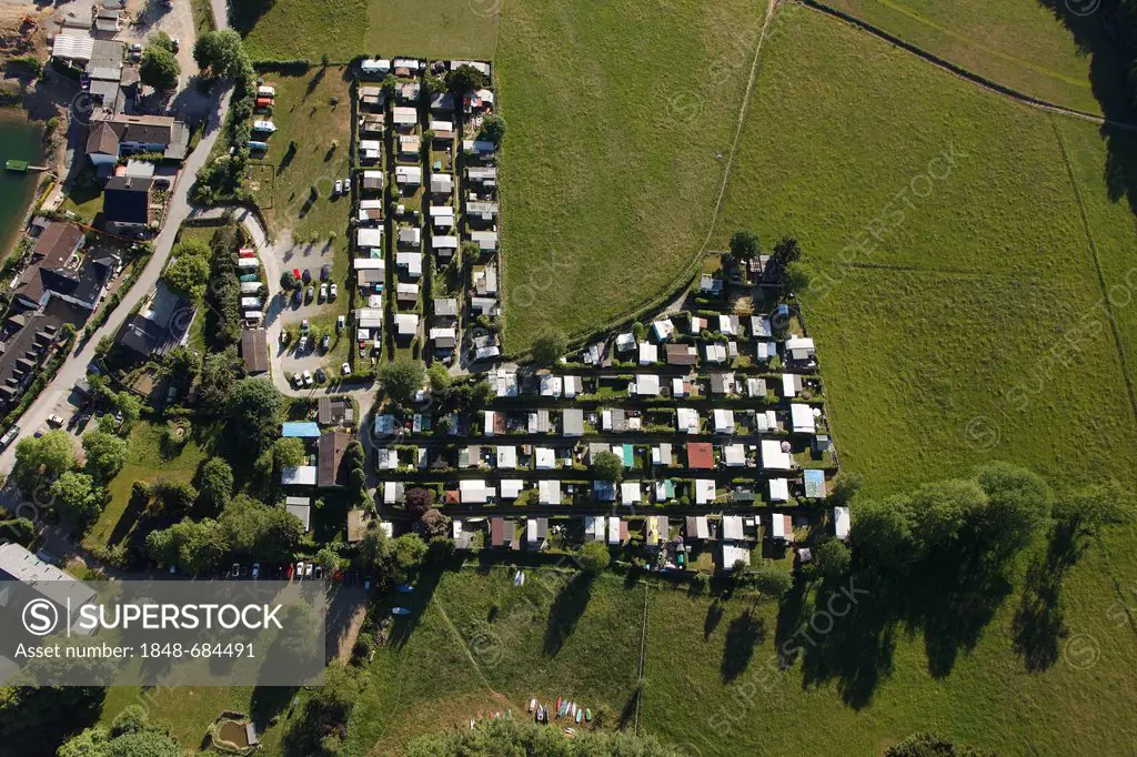 Aerial view, camping site near Bevertalsperre dam, Hueckeswagen, Radevormwald, Oberbergischer Kreis district, North Rhine-Westphalia, Germany, Europe