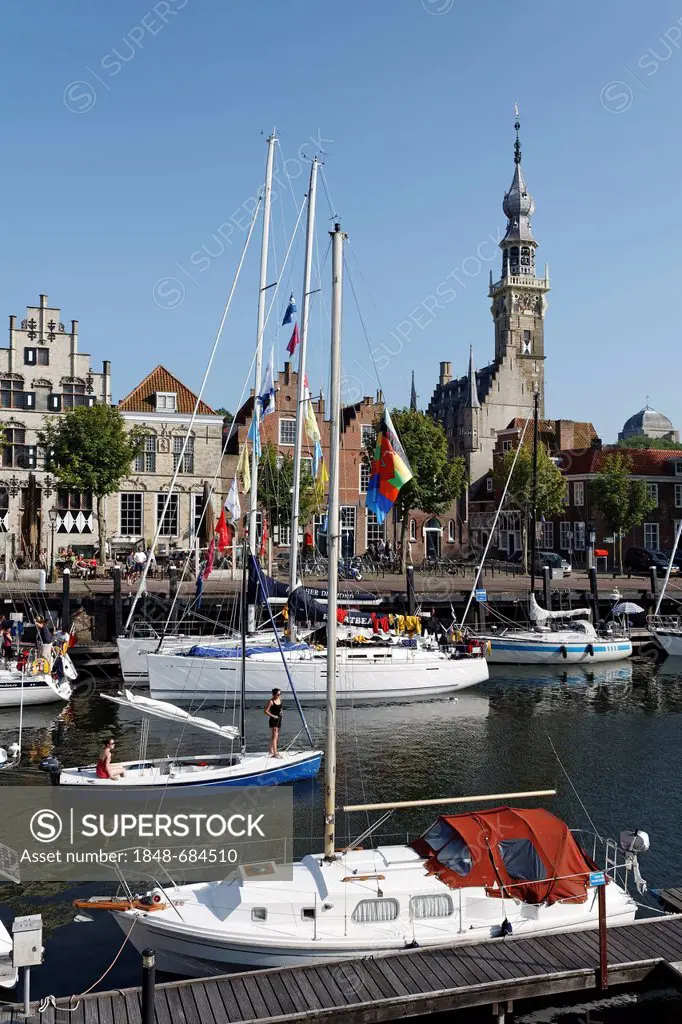 Marina and tower of the town hall, historic town of Veere, Walcheren, Zeeland, Netherlands, Europe