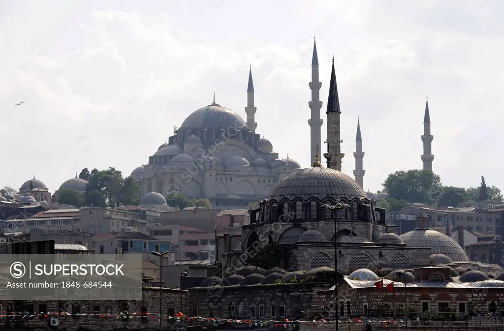 Sueleymaniye Camii or Sueleymaniye Mosque, and Rustem Pasa Camii or Rustem Pasha Mosque in the foreground, Istanbul, Turkey