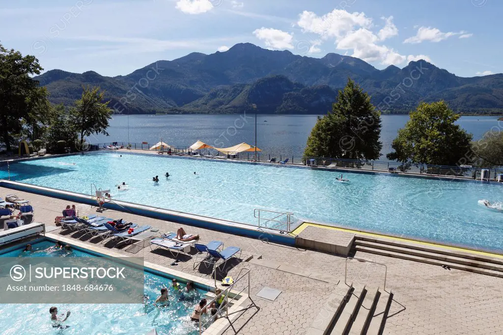 Trimini open-air swimming pool, Lake Kochel and Herzogstand mountain at the back, Kochel am See, Upper Bavaria, Bavaria, Germany, Europe