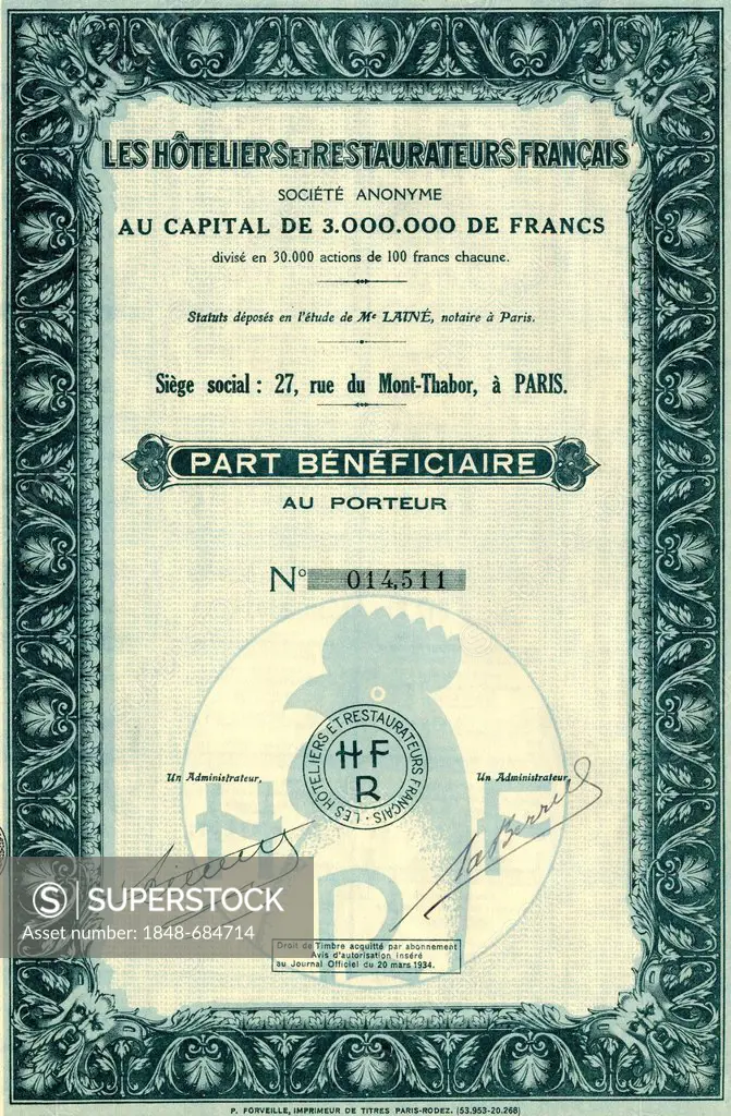 Historic stock certificate, share, Les Hoteliers et Restaurants Francais, French hotels and restaurants, 100 francs, Paris, France, 1934