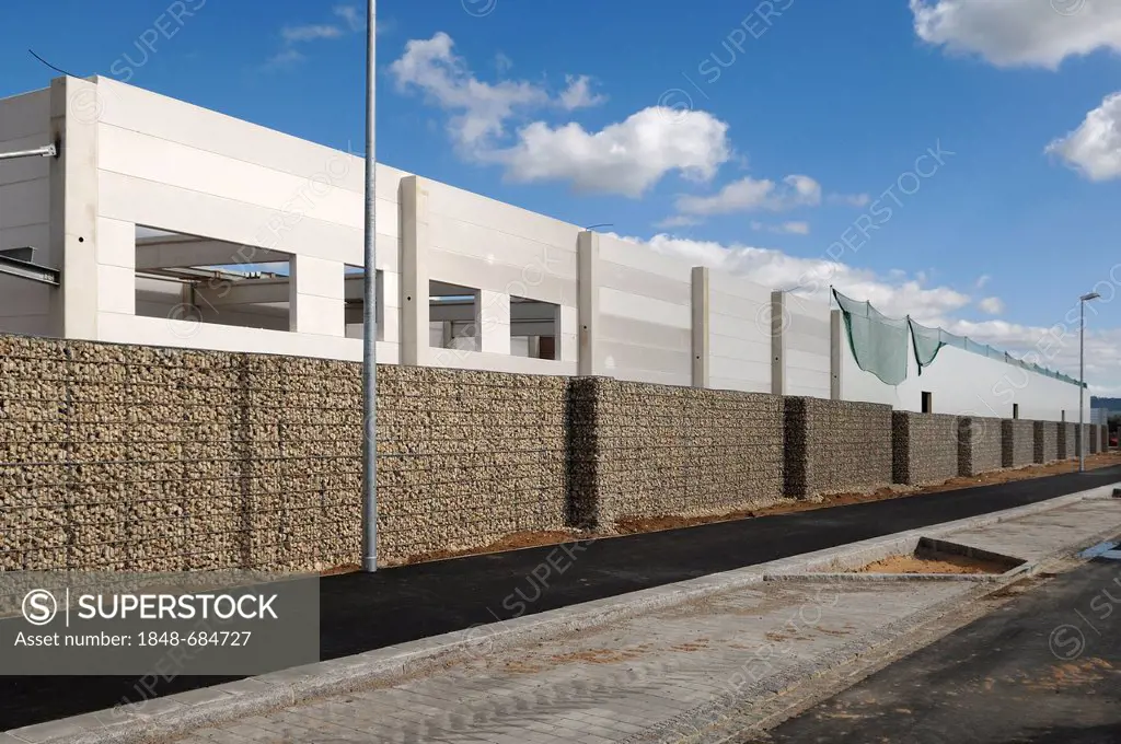 Construction of a hardware store with a noise protection wall, Eckental, Middle Franconia, Bavaria, Germany, Europe