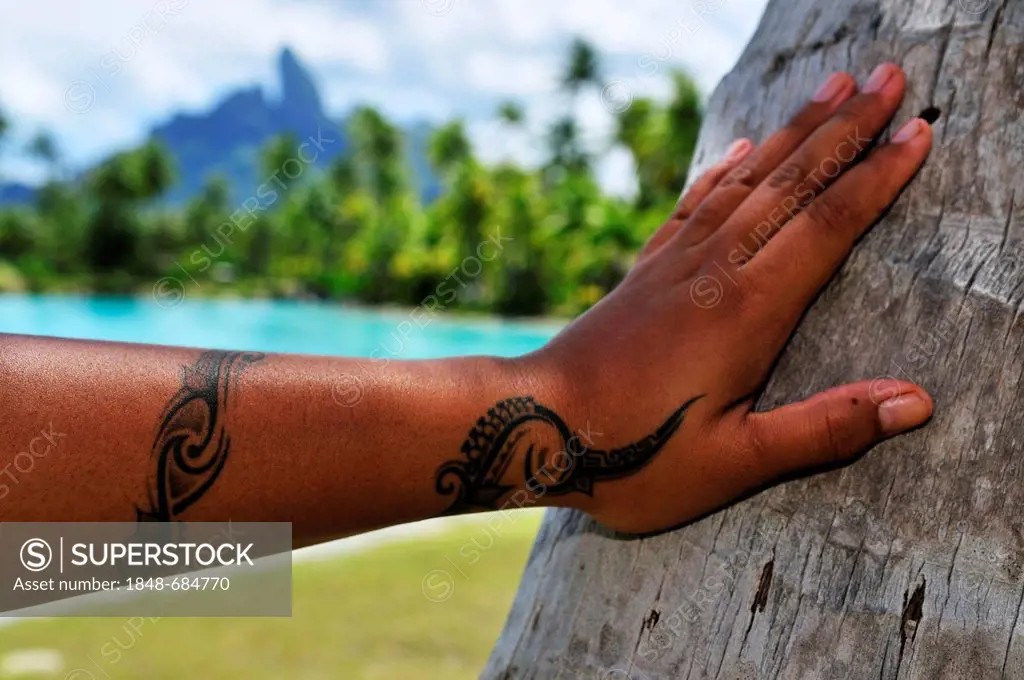 Tattoo on a hand, Mount Otemanu, St. Regis Bora Bora Resort, Bora Bora, Leeward Islands, Society Islands, French Polynesia, Pacific Ocean