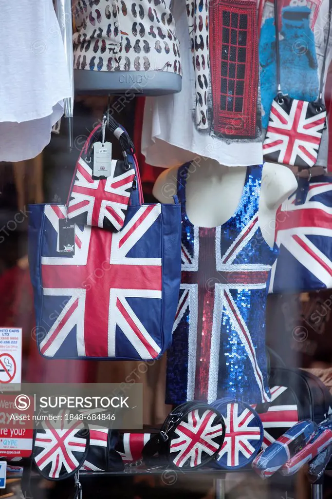Union Jack items displayed in shop window, Portobello Market, Notting Hill, London, England, United Kingdom, Europe