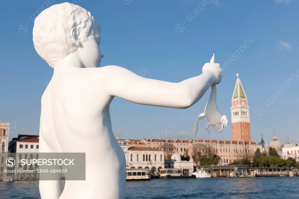 Statue of a naked boy at the end of the Fondamenta San Giovanni, Dorsoduro district, Venice, Veneto, Italy, Southern Europe