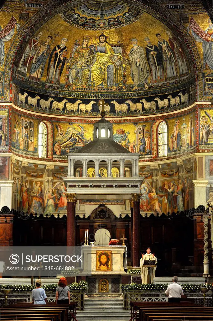 Altar with marble ciborium or canopy and apse mosaics by Cavallini, Basilica Santa Maria in Trastevere, Rome, Lazio, Italy, Europe