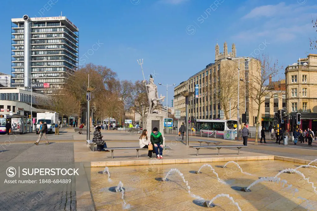 The Centre promenade with Colston Tower and statue of Neptune, Bristol, Gloucestershire, England, United Kingdom, Europe