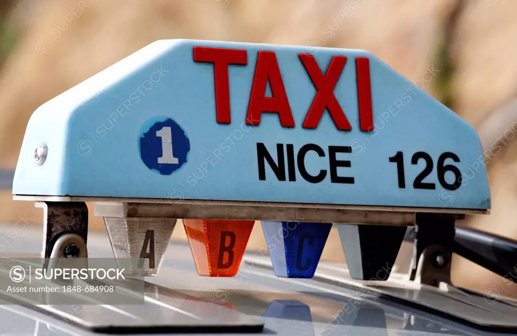 Taxicab from Nice, sign on a car roof, Provence-Alpes-Côte d'Azur region, France, Europe